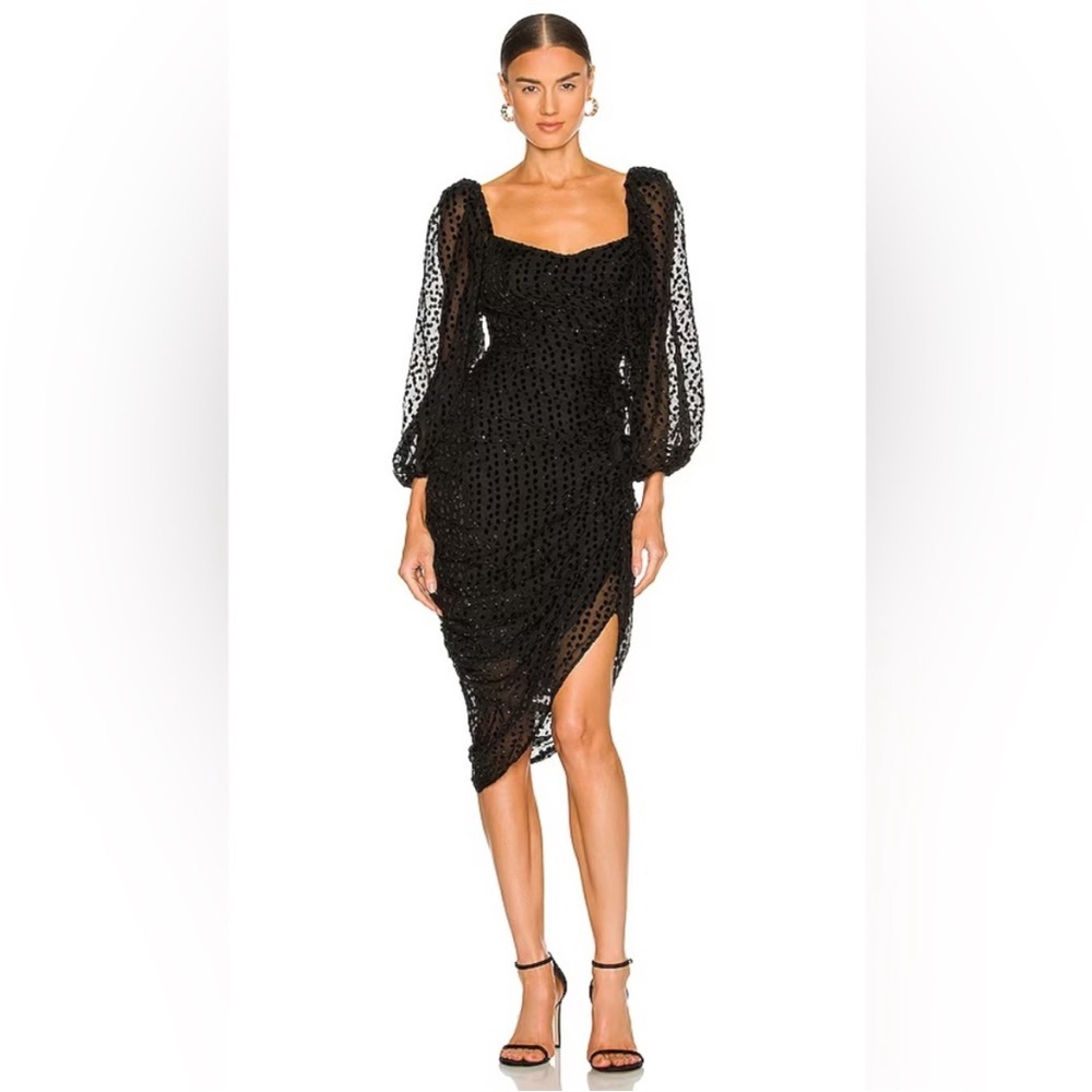 ASTR The Label Athens Ruched Long Puffed Sleeve Dress in Black Burnout